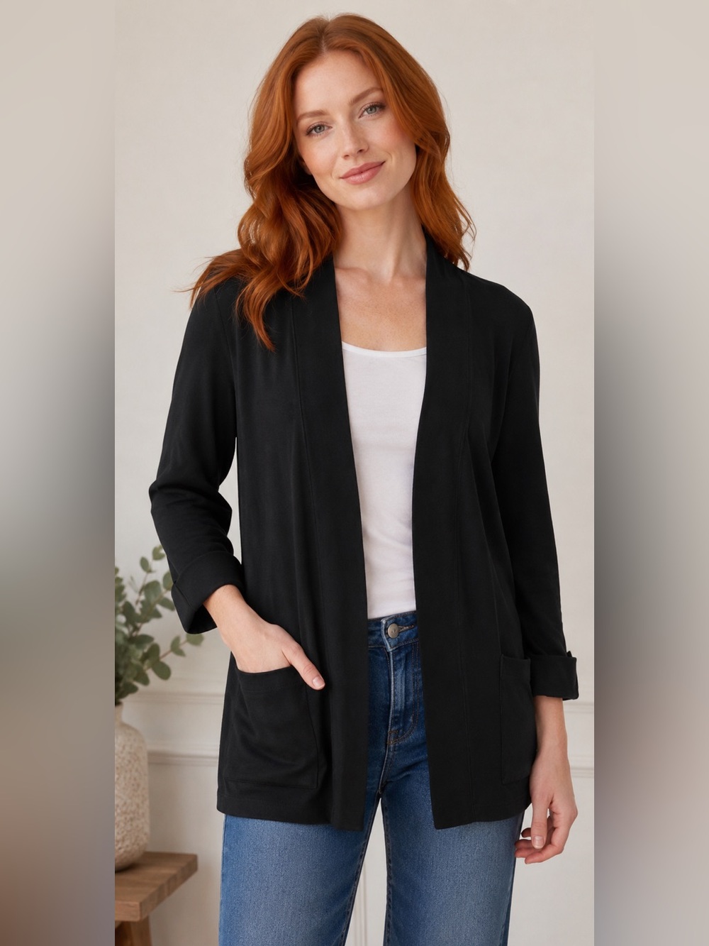 Rafaella Black Open Front Cardigan